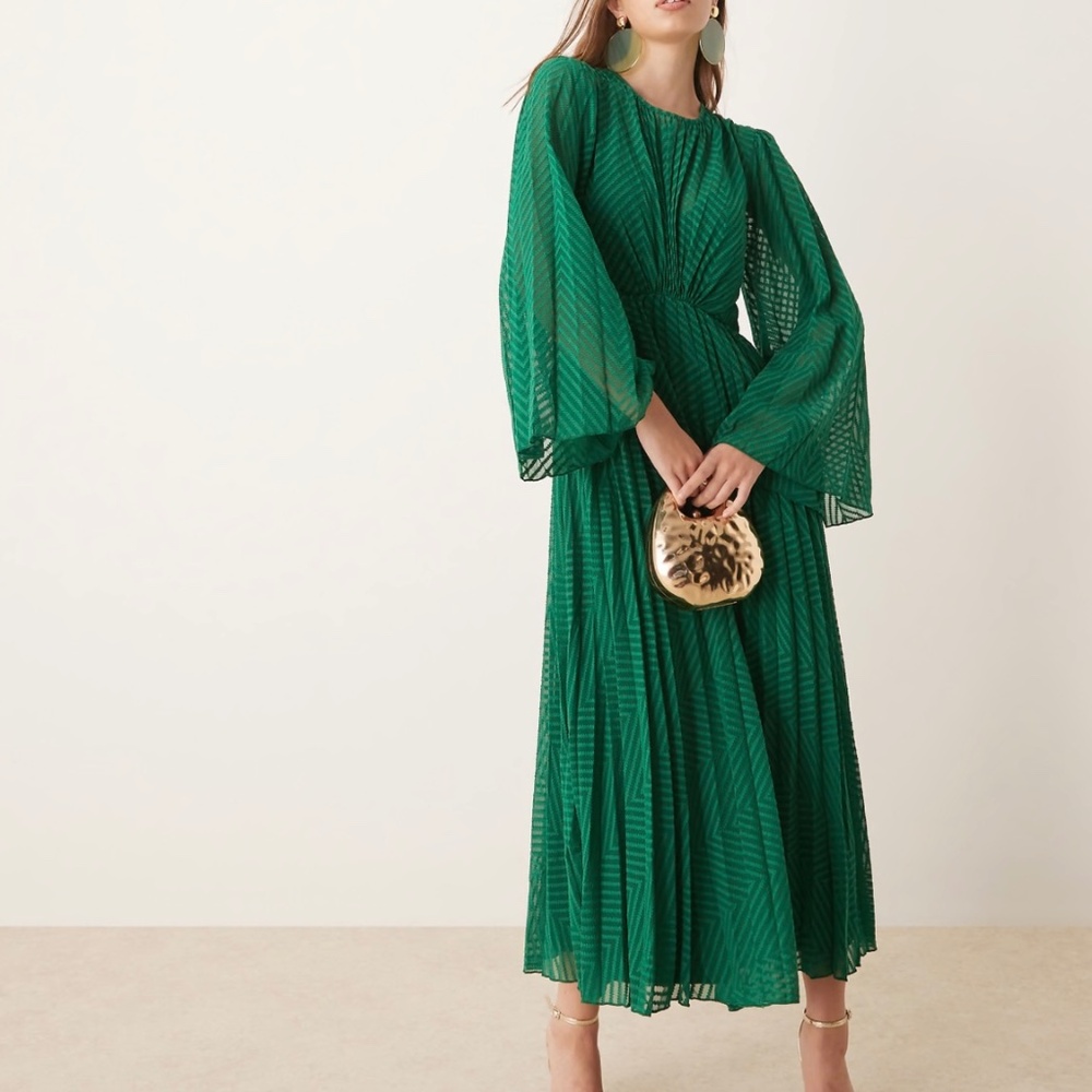 ASOS DESIGN tie back fluted sleeve pleated chevron chiffon midi dress in green